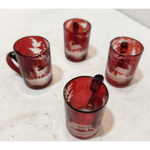 Vtg Set of 4 Bohemian Flash Glass Red Etched Deer Miniature Shot Mugs 1.75" Tall - Picture 3 of 12